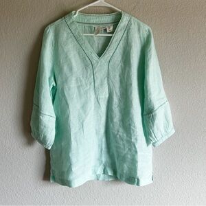 Joie 100% Linen Tunic Top Blouse V Neck Mint Green Beach Lagenlook Coverup
